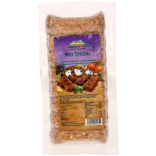 Mici Spezial- Hackfleischröllchen aus Schweine- und Rindfleisch (z.T. feinst zerkleinert), mit Trinkwasser, zum Grillen oder Braten, tiefgefroren