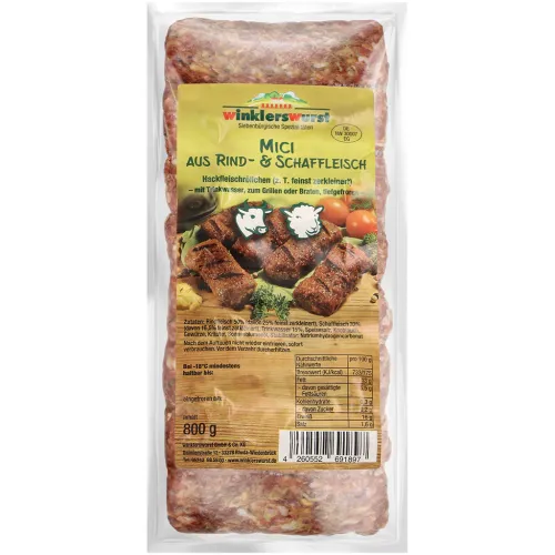 Mici aus Rind- und Schaffleisch, Hackfleischröllchen (z.T. feinst zerkleinert) mit Trinkwasser, zum Grillen oder Braten, tiefgefroren