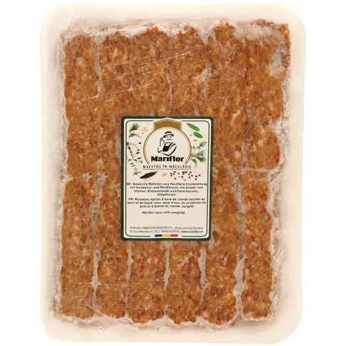 Mariflor-Mici porc-vita congelati Gewürzte Röllchen aus Hackfleischzubereitung mit Schweine- und Rindfleisch, mit Zusatz von Wasser, Erbseneiweiß und Fleischaroma, tiefgefroren