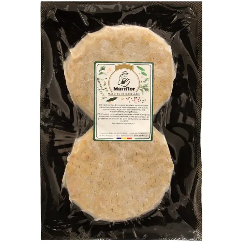 Mariflor-Hamburger de pui Geformtes Erzeugnis aus fein zerkleinertem Hähnchenfleisch und Hähnchenhaut, mit Zusatz von Wasser, Soja- und Erbseneiweiß, mit Fleischaroma, tiefgefroren
