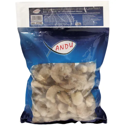 Vannamei Garnelen ohne Kopf, mit Schale, easy peel roh, glasiert, IQF, mit zugesetztem Wasser,  26/30
