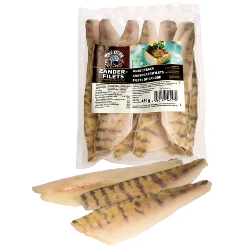 Zanderfilets (Stizostedion lucioperca), mit Haut, geschuppt, glasiert, und tiefgefroren