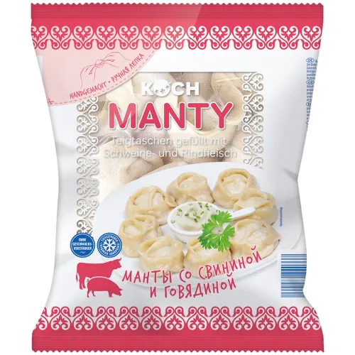 Teigtaschen Manty gefüllt mit Schweine- und Rindfleisch, tiefgefroren