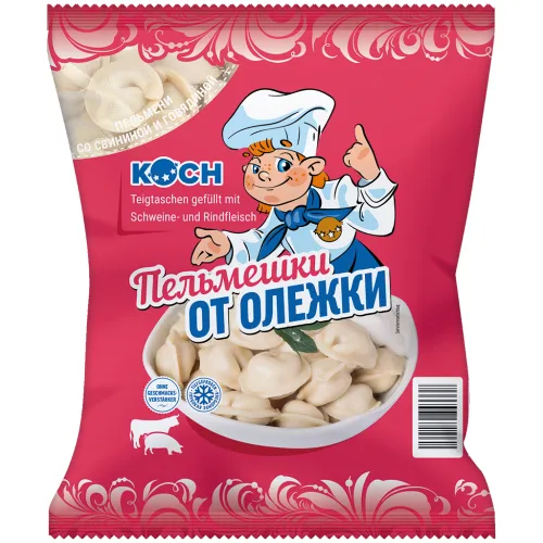 Teigtaschen Ot Olegki gefüllt mit Schweine- und Rindfleisch, tiefgefroren