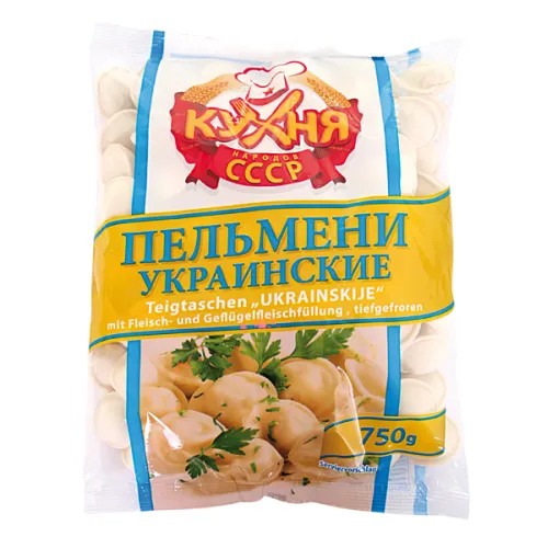 Teigtaschen Ukrainskie mit Schweine-, Hähnchen- und Rindfleischfüllung, mit Sojazusatz, tiefgefroren