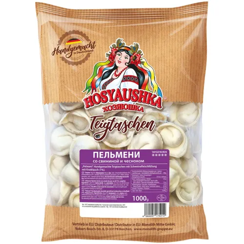 Handgemachte Teigtaschen mit Schweinefleischfüllung mit Knoblauch (1%) Pelmeni. Tiefgefroren.