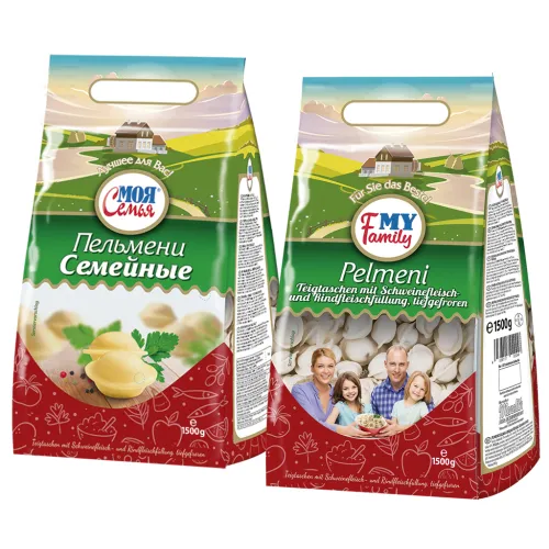 Пельмени Семейные с начинкой из свинины и говядины, продукт глубокой заморозки