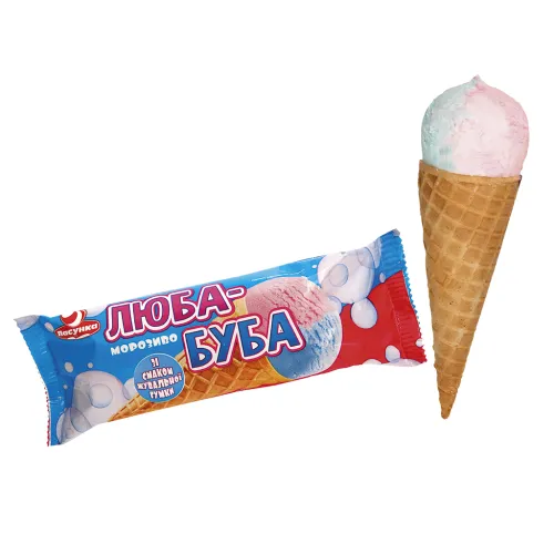 Мороженое Люба-буба со вкусом жевательной резинки в вафельном рожке с кондитерской глазурью