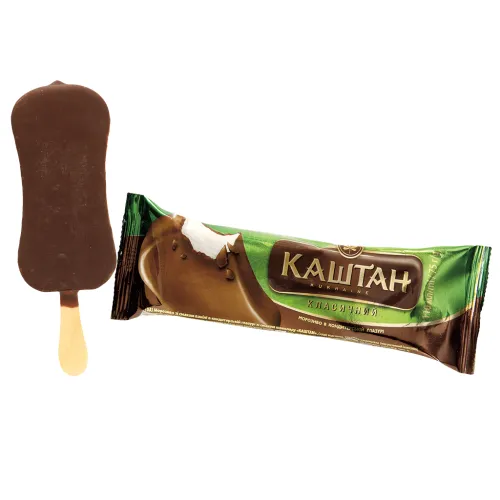 Kashtan Klasychnyi Eis mit Vanillegeschmack in kakaohaltiger Fettglasur am Stiel.