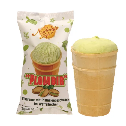 PLOMBIR Eiscreme mit Pistaziengeschmack, im Waffelbecher