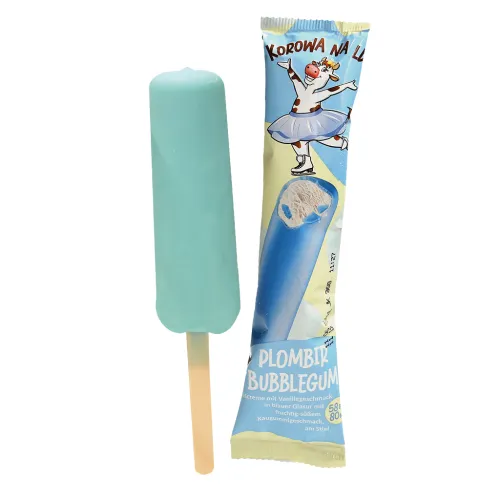 Plombir Bubblegum Eiscreme mit Vanillegeschmack in blauer Glasur mit fruchtig-süßem Kaugummigeschmack, am Stiel