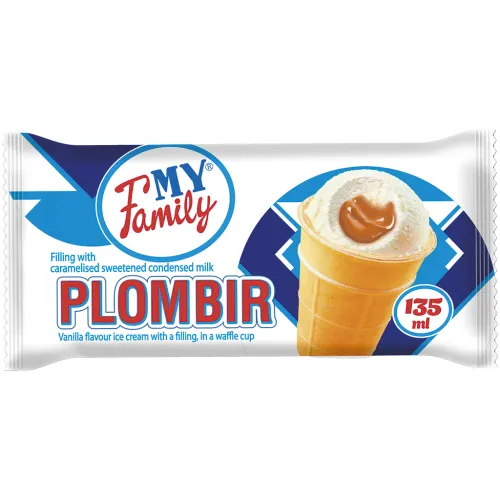 MY FAMILY Eiscreme mit Vanille-Geschmack, mit einer Füllung mit karamellisierter gezuckerter Kondensmilch, im Waffelbecher