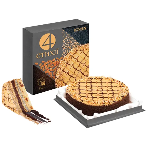 Torte 4 Elemente aus 4 Tortenboeden mit Erdnuessen, Mohn, Rosinen und Kakao, gefuellt und ueberzogen mit Creme mit gezuckerter Kondensmilch 27,3