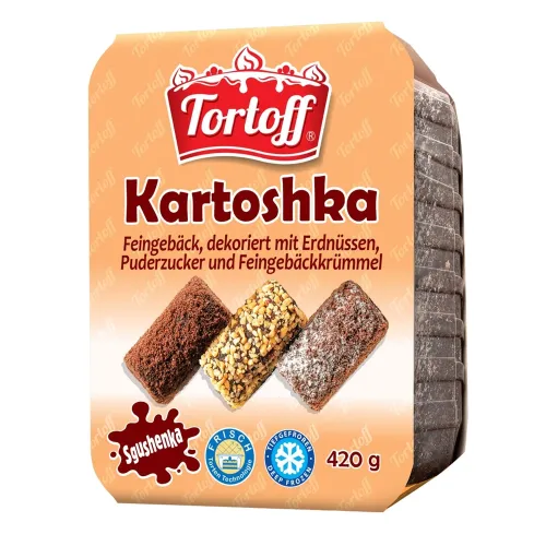 Tortoff Kartoshka Feingebäck, dekoriert mit Erdnüssen, Puderzucker und Feingebäckkrümmel, tiefgefroren.