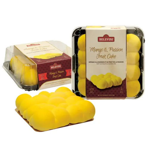 Cake with Mango and Passion Fruit Schichttorte mit 63,4% Sahne-Mascarpone-Creme, 15,8% Mango-Passionsfrucht-Fruchtfüllung und 9,9% knuspriger Füllung mit Milchschokolade mit Haselnüssen und zerkleinerten Waffeln, überzogen mit 1% gelber Glasur, tiefgefr