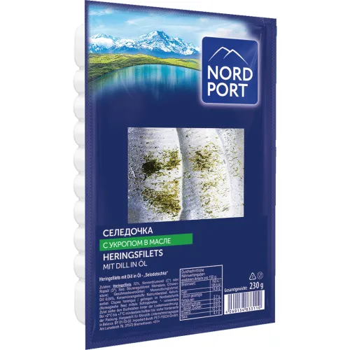 Heringsfilets mit Dill (Clupea harengus) Selodotschka in Öl