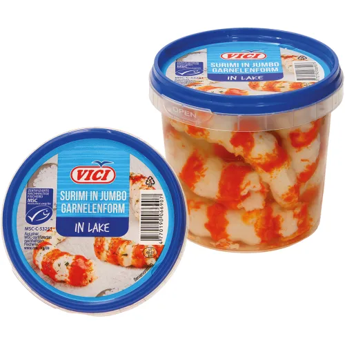 Surimi-Garnelen-Imitat  aus Fischmuskeleiweiß geformt, in Lake