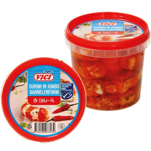 Surimi, Garnelen-Imitat aus Fischmuskeleiweiß geformt, in Chili-Öl