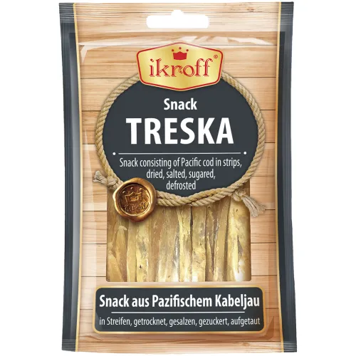 IKROFF Snack aus Pazifischem Kabeljau in Streifen, getrocknet, gesalzen, gezuckert, aufgetaut.