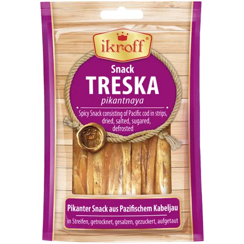 IKROFF Pikanter Snack aus Pazifischem Kabeljau in Streifen, getrocknet, gesalzen, gezuckert, aufgetaut.