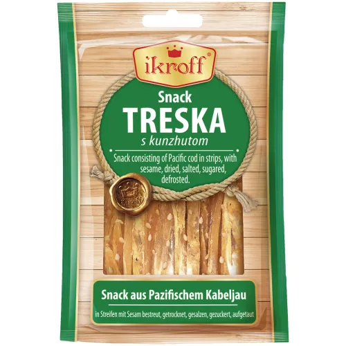 IKROFF Snack aus Pazifischem Kabeljau in Streifen mit Sesam bestreut, getrocknet, gesalzen, gezuckert, aufgetaut.