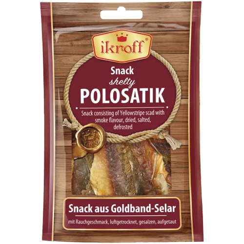 IKROFF Snack aus Goldband-Selar mit Rauchgeschmack, luftgetrocknet, gesalzen, aufgetaut.