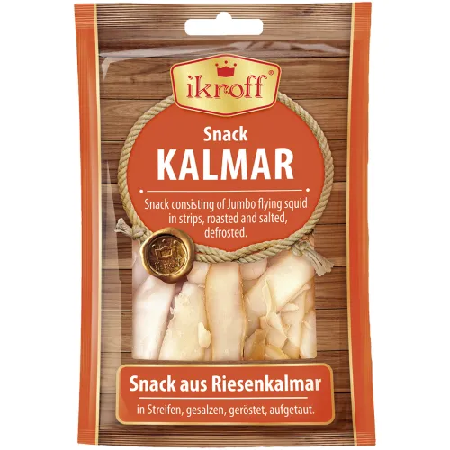 Snack aus Riesenkalmar in Streifen, gesalzen, geröstet, aufgetaut.
