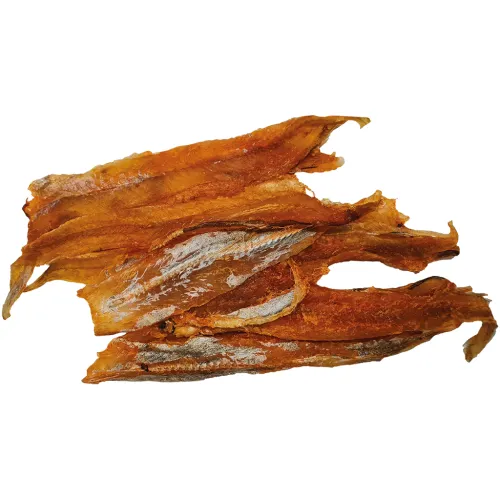 Snack aus Blauer Wittling (Micromesistius poutassou) mit Chili, mit Haut, gesalzen und gedörrt