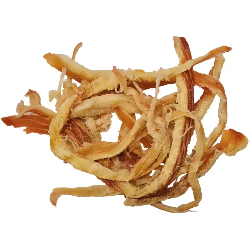 Snack aus Tintenfisch (Dosidicus gigas) in Streifen, gesalzen und gedörrt