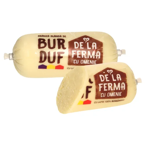 Traditioneller rumänischer Käse “Branza de Burduf aus Käse aus pasteurisierter Kuhmilch und Käse aus pasteurisierter Schafsmilch. Halbfester Schnittkäse. Mindestens 45% Fett i. Tr., De la Ferma