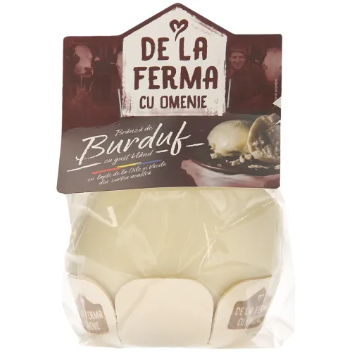 Branza de Burduf Traditioneller rumänischer Käse aus Käse aus pasteurisierter Kuhmilch und Käse aus pasteurisierter Schafsmilch. Halbfester Schnittkäse. Mindestens 45% Fett i. Tr.Mindestens 45% Fett i. Tr.