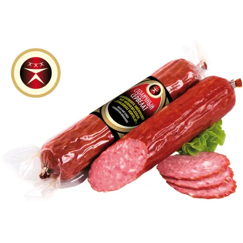 Geräucherte Brühwurst mit Hühnerfleisch Stolichnij Servelat, mit Sojaeiweißisolat, nach Art einer gebrühten Krakauer