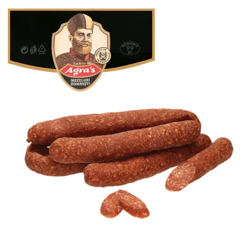 Carnati de casa uscati Brühwurst aus Schweine- und Hühnerfleisch, mittelgrob, geräuchert, gedörrt. Mit Sojaeiweiß.
