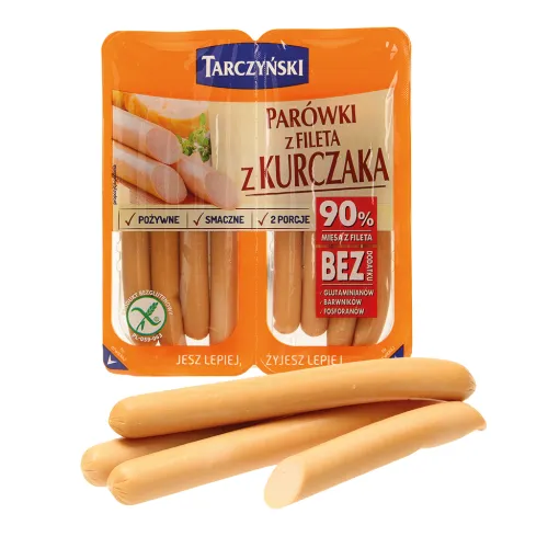 Geflügelwürstchen. Produkt aus Geflügelfleisch, homogenisiert, geräuchert, gebrüht