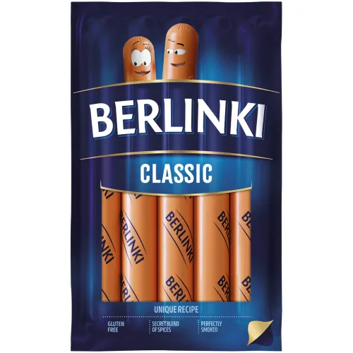 BERLINKI Würstchen aus Schweine- und Hähnchenfleisch, geräuchert, gebrüht. Mit Zusatz von tierischem Eiweiß (Schwein).