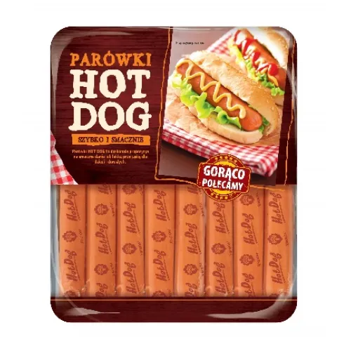 Копчёные куриные сосиски Hot dog. С куриным мясом механичкой обвалки, с добавлением воды и животного белка (свиного).