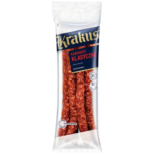 Wurst aus Schweinefleisch Kabanossi Classic, mittelgrob zerkleinert, geräuchert, gebrüht, getrocknet.