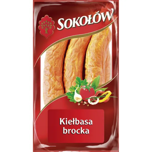 Kielbasa broca Schweinefleischwurst mit Geflügelfleisch, mittelgrob zerkleinert, gebrüht und geräuchert. Mit Zusatz von Wasser und Schweinekollageneiweiß.