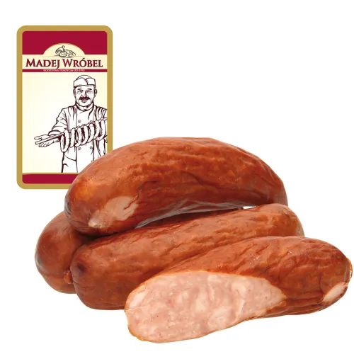 Mittelgrobe geräucherte Brühwurst mit Hähnchenseparatorenfleisch, mit Zusatz von Wasser, Kartoffelstärke und Sojaeiweiß Kielbasa paryska