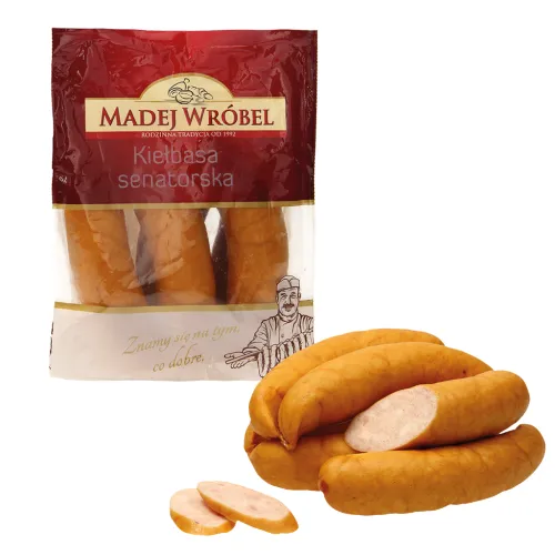 Geräucherte Brühwurst mit Hähnchen- und Schweinefleisch, mittelgrob zerkleinert mit Zusatz von Stärke Kielbasa Senatorska