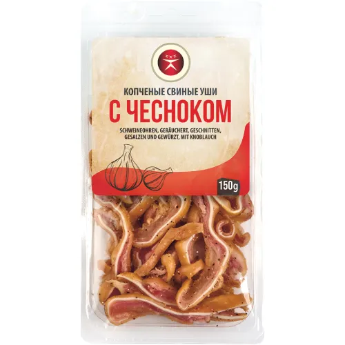 Schweineohren, geräuchert, geschnitten, gesalzen und gewürzt, mit Knoblauch