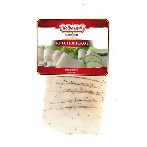 Gesalzener Bauchspeck Krestjanskoe mit schwarzem Pfeffer und Knoblauch