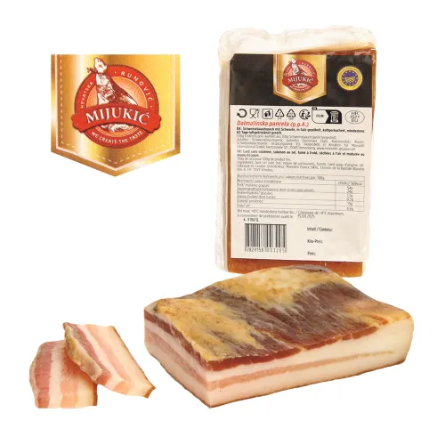 Dalmatinska panceta Schweinebauchspeck mit Schwarte, in Salz gepökelt, kaltgeräuchert, mindestens 65 Tage luftgetrocknet gereift.
