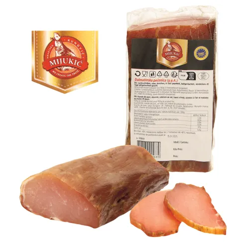 Dalmatinska pecenica Lachsschinken, ohne Knochen, in Salz gepökelt, kaltgeräuchert, mindestens 45 Tage luftgetrocknet gereift.