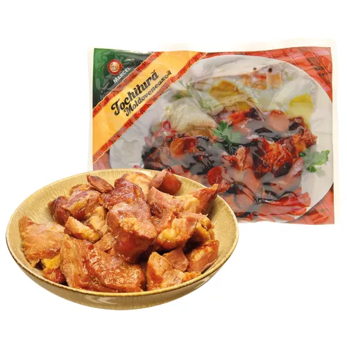 Кусочки копченой свинины с кусочками вареной колбасы горячего копчения (из свинины и говядины), фритированные в свином жиру