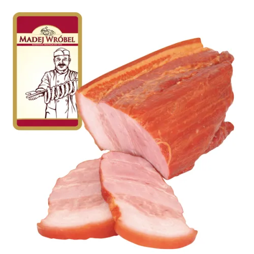 Geräucherter und gegarter Schweinebauch mit Schwarte, mit Zusatz von Soja- und Schweinebindegewebeeiweiß Boczek paski