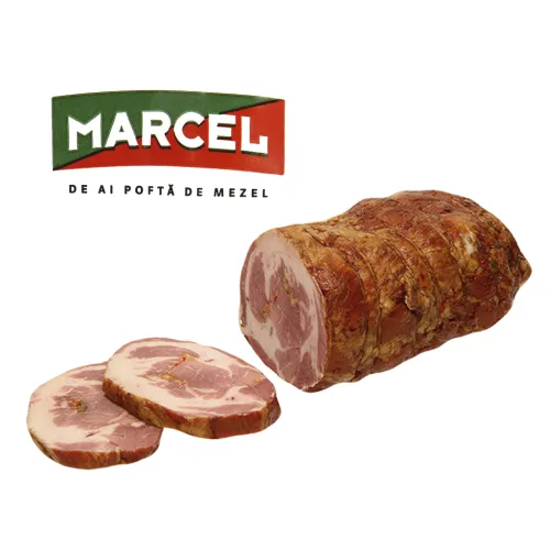 Rumänische Schweinenacken-Rolle, gepökelt, gewürzt, heißgeräuchert, mit Sojaeiweißisolat