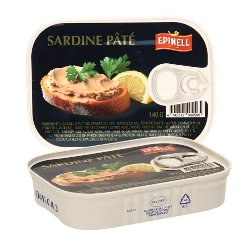 Brotaufstrich aus Sprotten mit Zusatz von Tomatenmark und Magermilchpulver, mit Raucharoma verfeinert