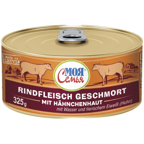 MOJA SEMJA Rindfleisch geschmort. Mit Hähnchenhaut Zusatz, Wasser, und tierischem Eiweiß (Huhn).