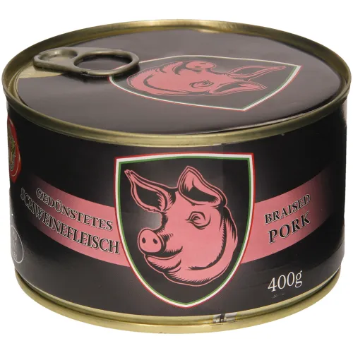 Gedünstetes Schweinefleisch, mit Schweineherz, gepökelt, in würzigem Aufguss